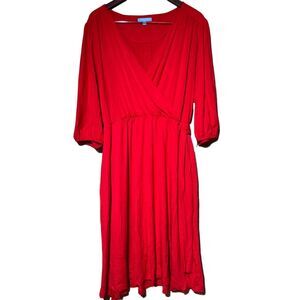 Draper James Women's 1X Red Knit Wrap Dress 3/4 Sleeve V-Neck